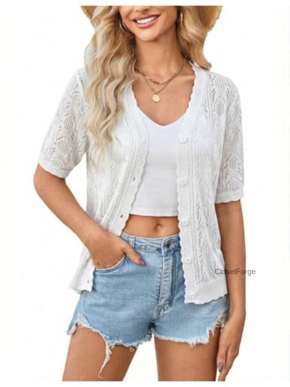 Crochet Short Sleeve Cardigan Lightweight Shrug V-Neck Button Front